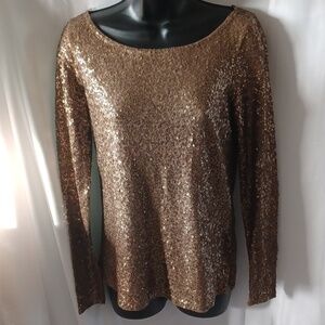J. Crew Gold Sequin Boatneck Top Women's XS Long Sleeve, 17" pit to pit
